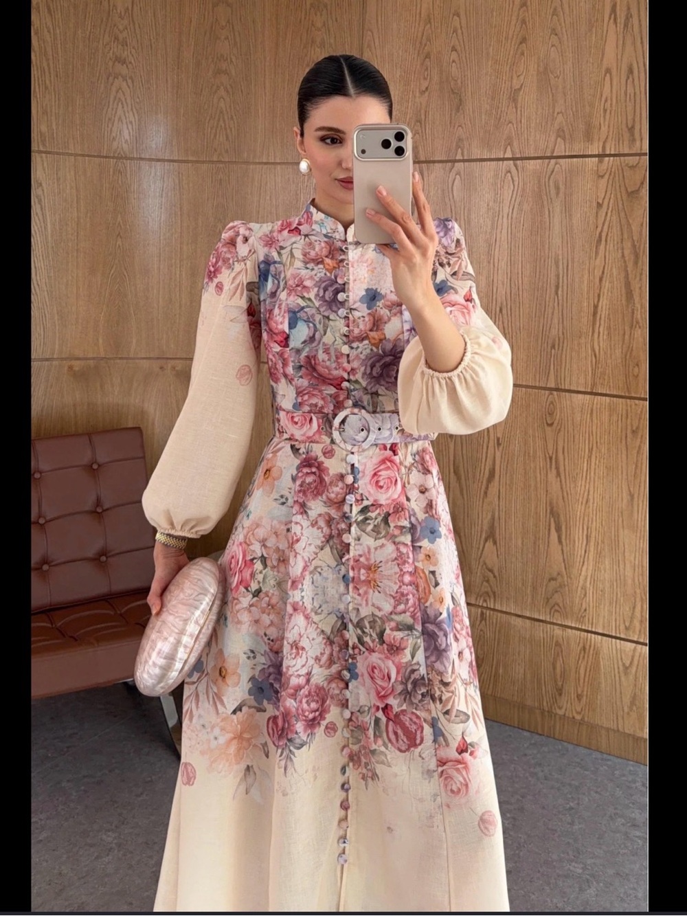 Cnmmense Floral Belted Long-Sleeve Maxi Dress in Pastel Pink